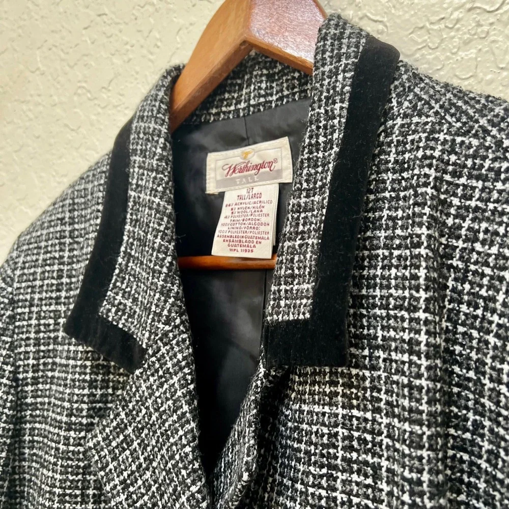 Worthington VTG Black White Tweed Blazer Velvet Collar Double Breasted Size 12T